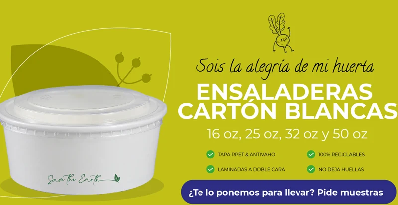 Ensaladera Blanca Cartón 1300 ml + Tapa rPET Antivaho (200 unid/caja) (exclusivo online)