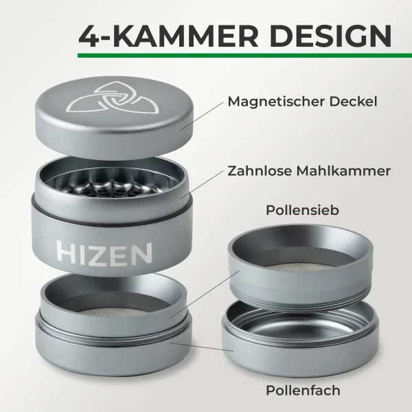 Hizen - Alu Grinder ohne Zähne 6,3 cm Silber