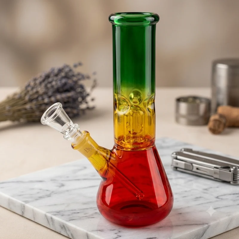 Bong Vidrio Rasta 8" — Pipa de Agua de Vidrio con Percolador